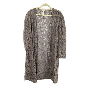 Chicos Sweater XL Gray Lace Cardigan Sheer Floral Wedding Neutral Feminine 80s
